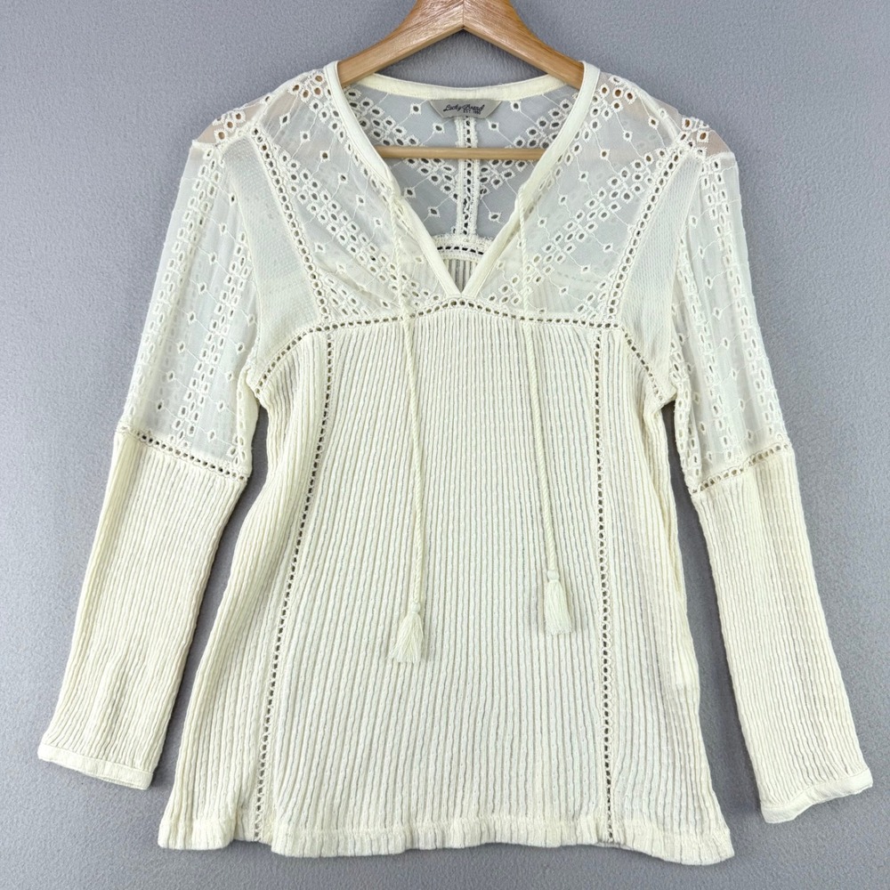Lucky Brand Eyelet Lace Peasant Top Women XS Cream Boho Tassel Ribbed Blouse